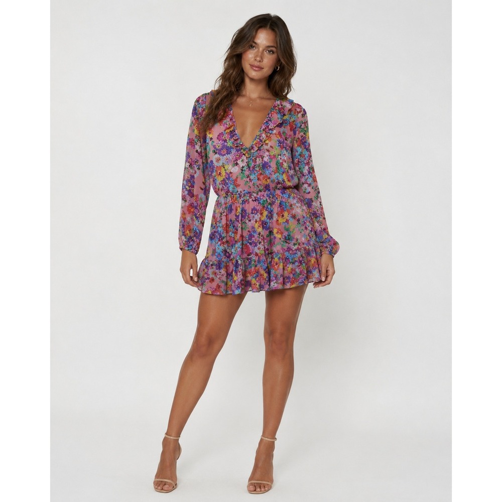 Luli Fama‎ Floral Ruffle V-Neck Mini Dress Pink Long Sleeve Smocked Waist L